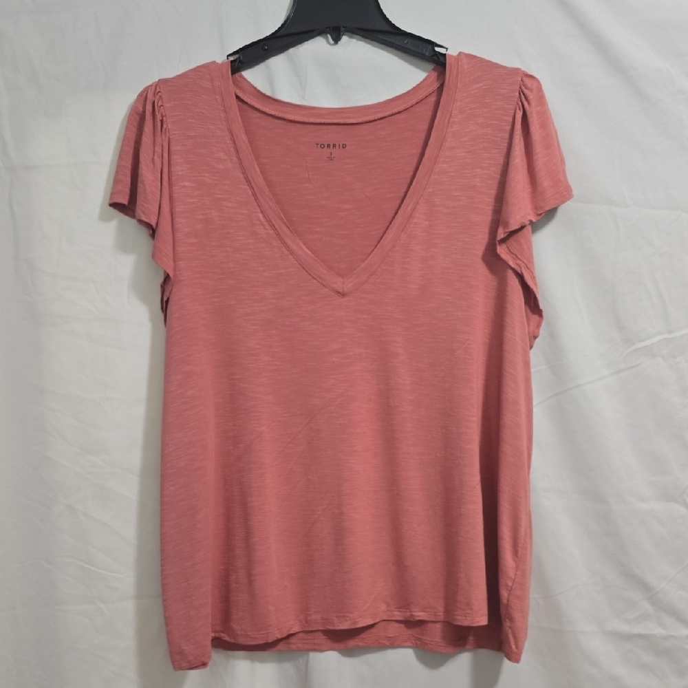Torrid Women's Size 3 Pink V-Neck Top Ruffle Sleeves - Picture 1 of 7